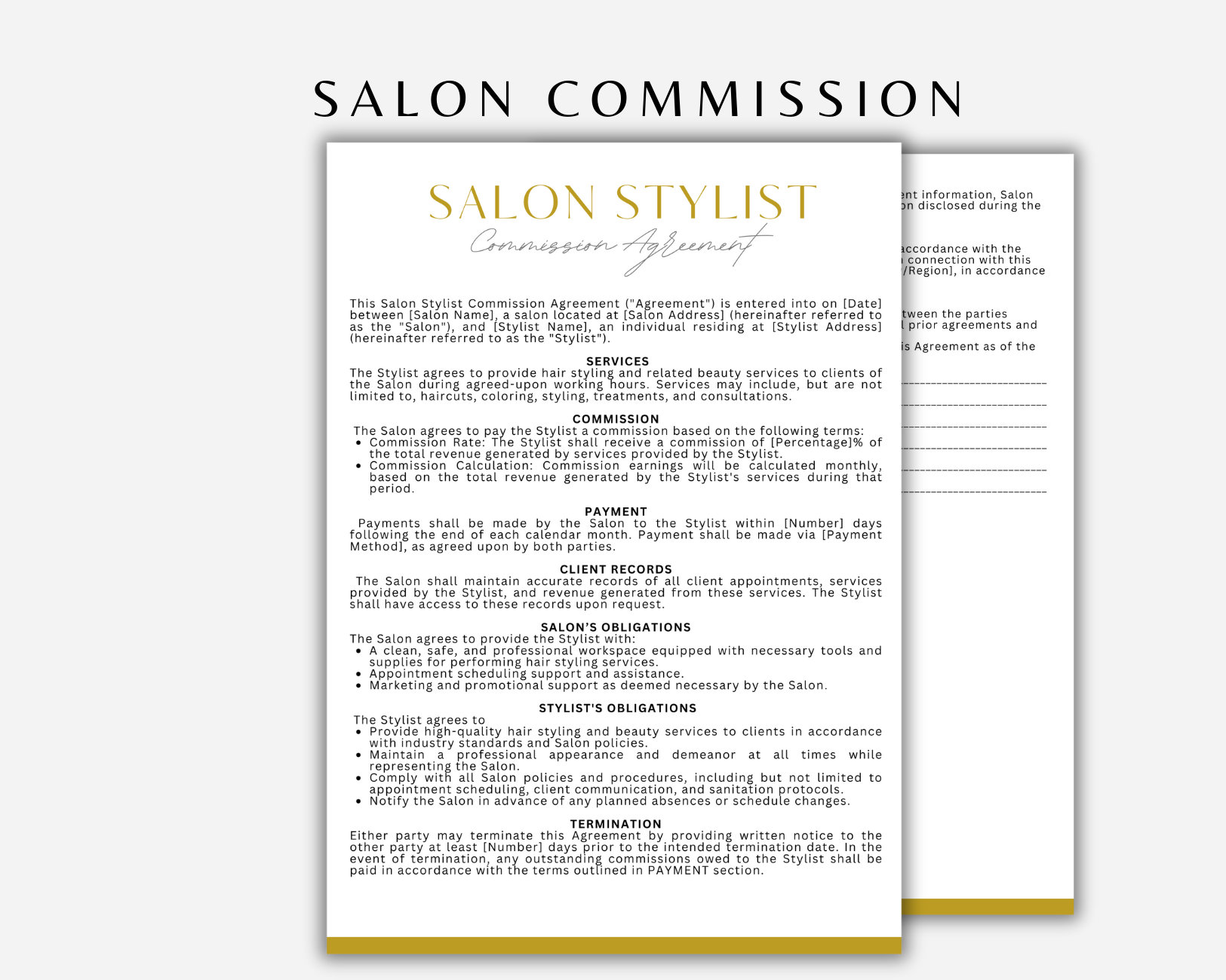 Editable and Printable Salon Stylist Commission Agreement, Employeee ...