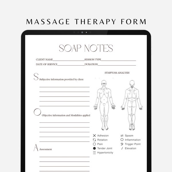 Professionelle Massageseife Notizen und Formular zur Analyse von Symptomen - Bearbeitbar & druckbar auf Canva | Therapeuten Notizen Guide