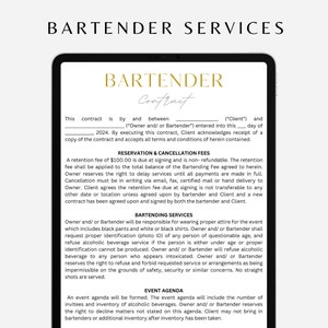 May include: A black and white contract for bartender services. The contract includes details about reservation and cancellation fees, bartending services, and an event agenda.