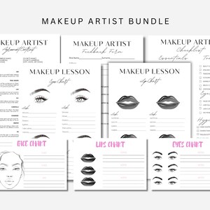 May include: A printable makeup artist bundle with forms for client agreements, feedback, and checklists. The bundle includes eye, lip, and face charts for makeup lessons.
