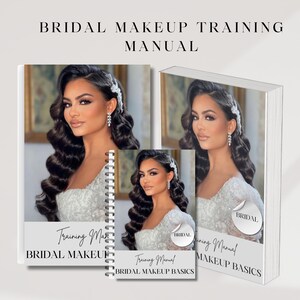 May include: Three different sized training manuals for bridal makeup. The covers feature a model with dark hair and a white dress. The text on the covers reads "Training Manual" and "Bridal Makeup Basics".