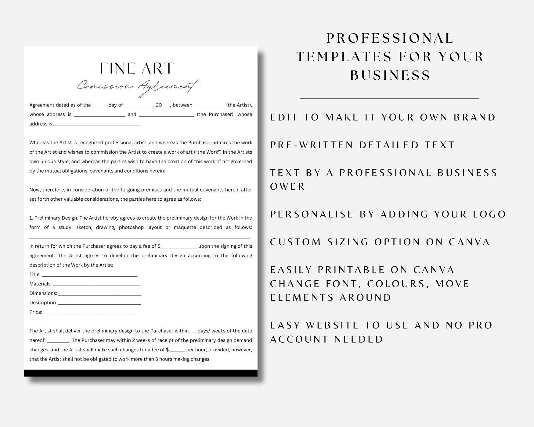 Editable Fine Art Commission Agreement Template | Commission Scope of ...