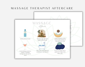 Könnte beinhalten: Eine gedruckte Karte mit dem Titel „MASSAGE THERAPIST AFTERCARE“ mit illustrierten Tipps. Die Karte enthält Symbole und Text, die Ratschläge zur Nachbehandlung nach der Massage geben, einschließlich Trinken von Wasser, Yoga und Verwendung von Eisbeuteln.