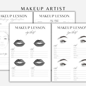 May include: Printable makeup lesson charts with sections for eye and lip makeup application. The charts include spaces to write in the name of the product used for each step. The charts are black and white with a simple design.