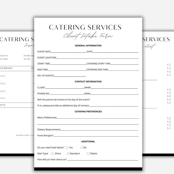 Catering Services Templates, Invoice Form for Caterers, Price List and Client Intake Form, Dietary Requirements Templates