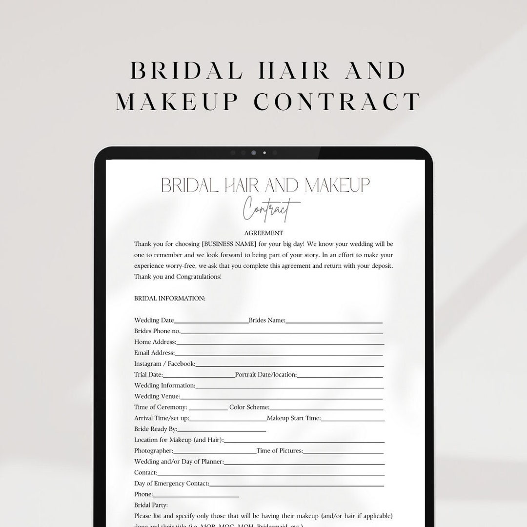 Professional Bridal Makeup and Hair Contract, Consent, and Requirements Canva Template Editable