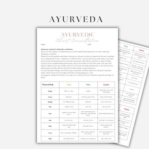 Könnte beinhalten: Ein schwarz-weißes ayurvedisches Kundenberatungsformular mit einer Tabelle, die körperliche Merkmale und ihre entsprechenden Dosha-Typen Vata, Pitta und Kapha auflistet. Das Formular enthält Überschriften für Name und Datum.