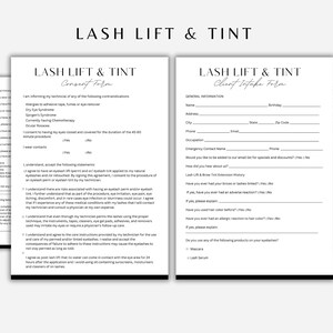 Puede incluir: Un formulario de admisión para un levantamiento y tinte de pestañas, en blanco y negro, con secciones para información general, historial de levantamiento y tinte de pestañas y alergias. El formulario incluye preguntas sobre alergias, levantamientos y tintes de pestañas anteriores, y cualquier reacción adversa a los tratamientos de pestañas.