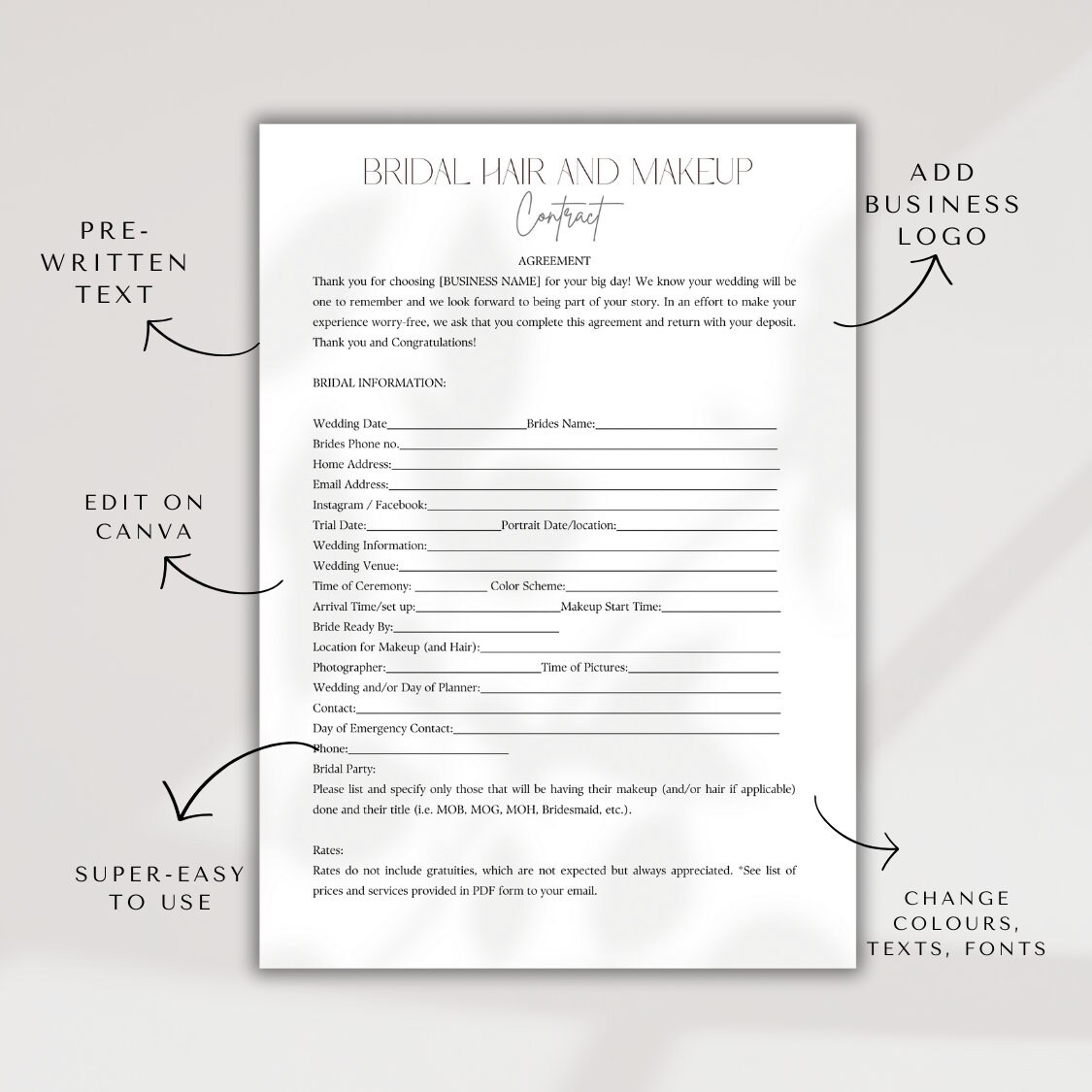 Professional Bridal Makeup and Hair Contract, Consent, and Requirements Canva Template Editable
