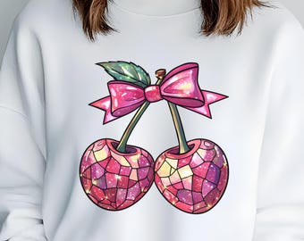 Pink Retro Cherries PNG, Glitter Cherry Bow Png, Coquette Cherries Png, Trendy Cherry Png, Coquette Sublimation Design, Girlie Shirt Design