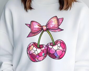 Glitter Cherries PNG Pink Retro Cherry Bow Png, Coquette Cherries Png, Trendy Cherry Png, Coquette Sublimation Design, Girlie Shirt Design