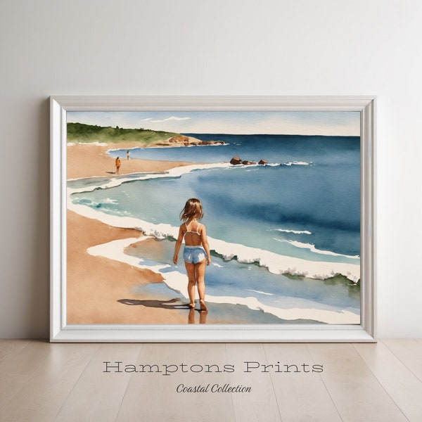 Montauk Beach Girl Art Print | Downloadable Art Prints | Hamptons New York Artist Print of Long Island Beach Scene Watercolor for Nursery