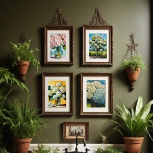 beautiful potting sink with botanical prints above