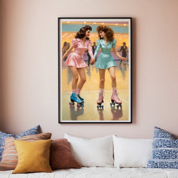 Roller Skate Art Print | Downloadable Art Prints | Vintage Roller Rink Painting | Gift for Girlfriend Gift for Best Friend Rollerskating Art