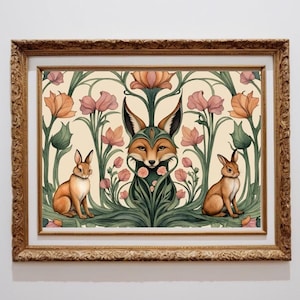 Jugendstil Fuchs und Kaninchen Printable Muster Wandkunst | Original Kunstwerk Stil des 19.Jahrhunderts Komplizierte Natur Inspirierte Wald Grußkarte