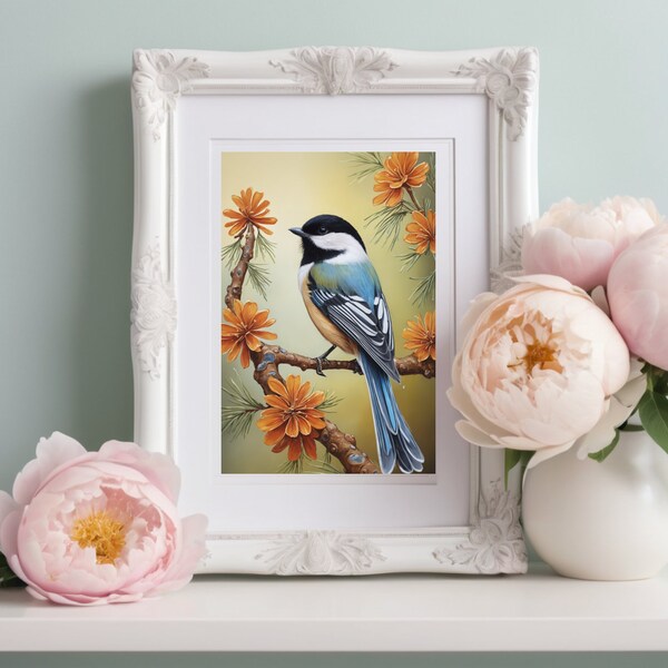 Songbird Painting | Bird Lover Gift | Gift for Birder | Black Capped Chickadee Print | Digital Art to Print Mother's Day Gift for Bird Lover