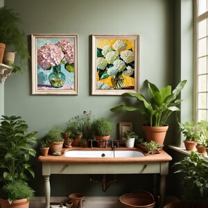 May include: A bathroom with a green wall, a white porcelain sink, and a wooden countertop. There are two framed paintings of hydrangeas on the wall, and several potted plants throughout the room.