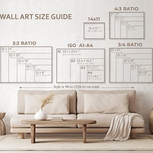 May include: A wall art size guide with different ratios and measurements in inches and centimeters. The guide shows the dimensions of various sizes of wall art, including 3:2, 4:3, 5:4, and ISO A1-A4. The guide also includes a sofa that is 90 inches wide.