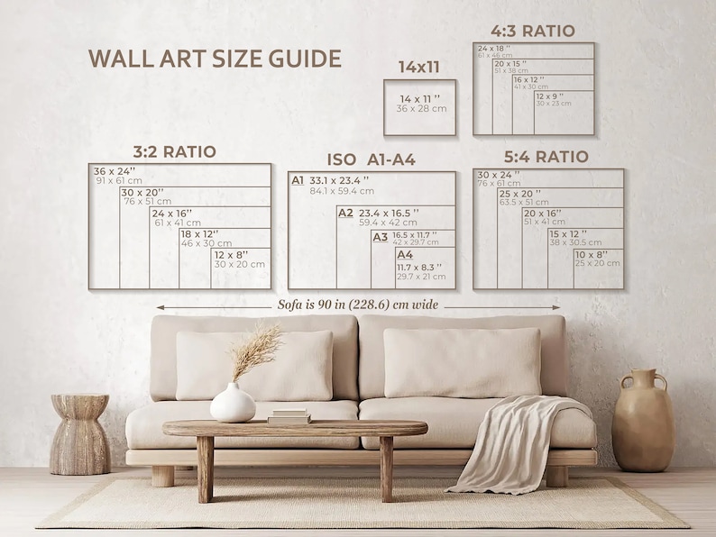 May include: A wall art size guide with different ratios and measurements in inches and centimeters. The guide shows the dimensions of various sizes of wall art, including 3:2, 4:3, 5:4, and ISO A1-A4. The guide also includes a sofa that is 90 inches wide.