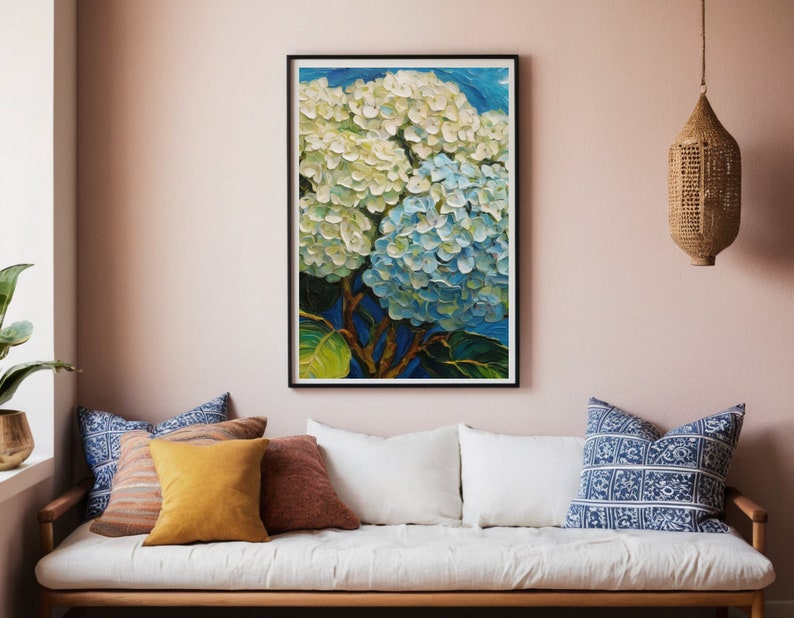 May include: A framed painting of a cluster of white and blue hydrangeas with a blurred background of blue sky and green leaves.