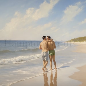 May include: Two people in swimsuits stand on a sandy beach, facing away from the camera. They are embracing and kissing. The ocean is behind them, with waves crashing on the shore. The sky is blue with white clouds.