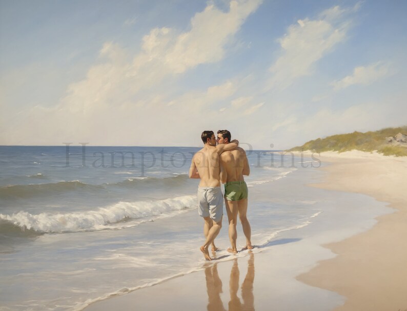 May include: Two people in swimsuits stand on a sandy beach, facing away from the camera. They are embracing and kissing. The ocean is behind them, with waves crashing on the shore. The sky is blue with white clouds.