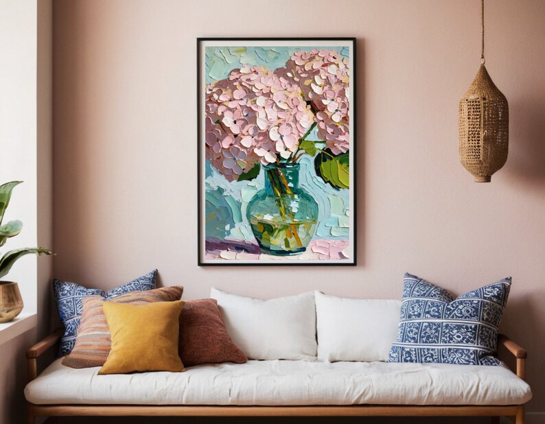 May include: A painting of a bouquet of pink hydrangeas in a blue glass vase. The flowers are arranged in a loose, natural style, and the vase is sitting on a table with a light blue background.