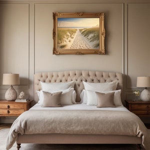May include: A beige upholstered bed with a tufted headboard and a framed landscape painting above it. Two nightstands with lamps are on either side of the bed.