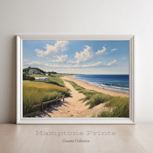 Puede incluir: Una pintura de una escena costera con un camino de arena que conduce a una playa. El camino está bordeado de hierba verde y una valla de madera. En la distancia, hay casas y un océano azul con nubes blancas en el cielo.