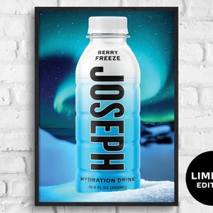 May include: A blue and white plastic bottle of Joseph hydration drink with the text "Berry Freeze" and "Hydration Drink 16.9 fl oz (500mL)" on the label. The bottle is in front of a blue and green aurora borealis background. The text "Limited Edition" is in a black circle in the lower right corner.
