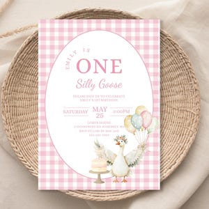 Silly Goose 1st Birthday Invitation: Pink Goose, Editable Template (Digital Invites)