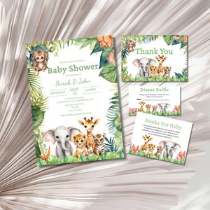 Pacchetto di inviti per baby shower a tema safari, modelli modificabili per baby shower a tema giungla, ringraziamenti a tema safari, inviti digitali