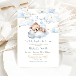 Boy Teddy Bear Baby Shower Invitation, We Can Bearly Wait, Editable Baby Shower Invitations,  Digital Invites,