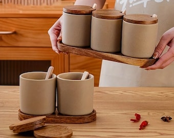 Set of 2 or 3 Vintage Ceramic Seasoning Jars with Wooden Tray - Elegance and Practicality in Your Kitchen