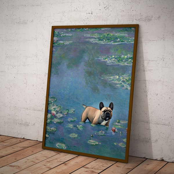 Poster Claude Monet - Seerosen mit Französischer Bulldogge, Frenchie, lustiger Hunde Druck, Geschenkidee, Kunstdruck