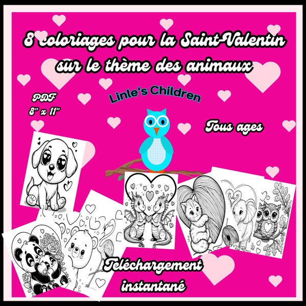 Pages de Coloriage de la Saint-Valentin, Saint-Valentin pour l'école, Pages de Coloriage d'Animaux Mignons, Téléchargement Instantané