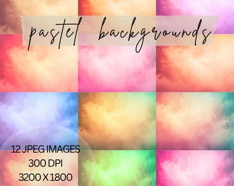 May include: A collection of 12 pastel background images in various colors, including pink, blue, yellow, and green. The images are high-resolution, 3200 x 1800 pixels, and 300 DPI. The text "pastel backgrounds" is written across the top of the image.