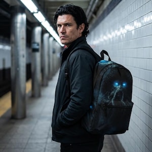 Op de afbeelding: Zwarte rugzak met een gedetailleerde blauwe illustratie van een wezen met gloeiende blauwe ogen. De rugzak heeft een groot hoofdvak en een kleiner voorvak. Het ontwerp is tegen een donkere achtergrond.