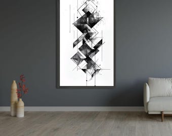 Nowoczesne geometryczne abstrakcyjne płótno, czarno-biała sztuka ścienna, minimalistyczne kształty, współczesny wystrój domu, graficzny wzór liniowy