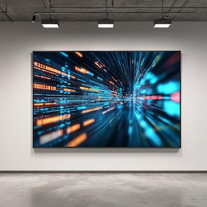 May include: A large framed digital artwork showing an abstract data stream. The piece features a dynamic composition of blue, orange, and teal lines and shapes, suggesting a flow of information. It is mounted on a white wall.