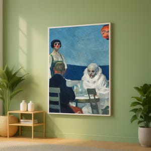 Puede incluir: Una impresión enmarcada de una pintura que representa una escena con tres figuras: una mujer con un vestido verde, un hombre con un traje y un payaso con ropa blanca. El fondo presenta un cielo azul y una linterna roja.