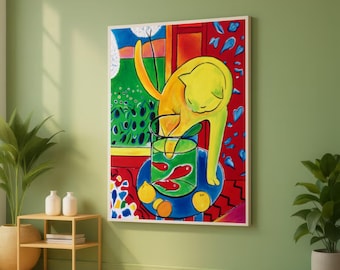 Henri Matisse Inspired Yellow Cat with Goldfish Canvas Wall Art, Colorful Abstract Animal Painting, Modern Home Decor, Vibrant Living Room
