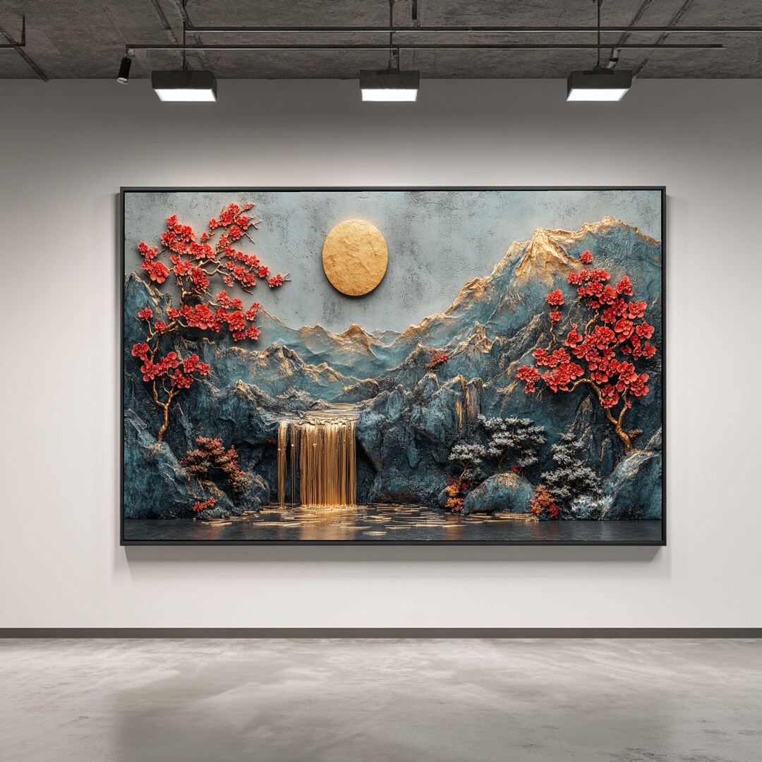 Golden Moon and Cherry Blossoms Canvas, 3D Mountain Waterfall Wall Art ...