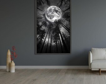 Misty Mountains and a Full Moon Over a Serene Forest in Black and White