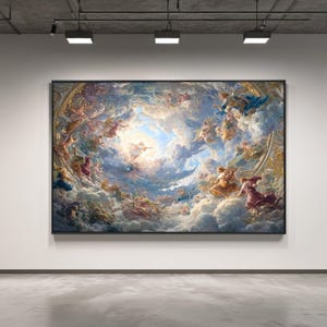 Puede incluir: Obra de arte enmarcada de gran tamaño que representa una escena celestial con numerosas figuras entre nubes arremolinadas. La pintura presenta una vibrante paleta de colores azules, dorados y rosas, creando una atmósfera dramática y etérea. La obra se exhibe en una pared blanca.