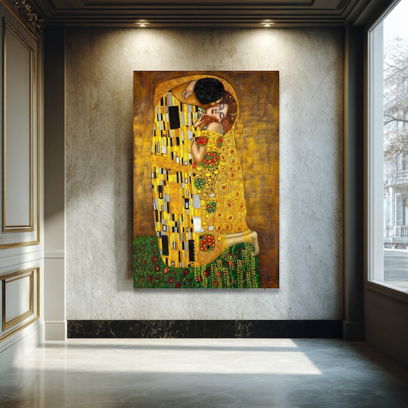 The Kiss Gustav Klimt Golden Embrace Canvas Wall Art, Romantic Lover