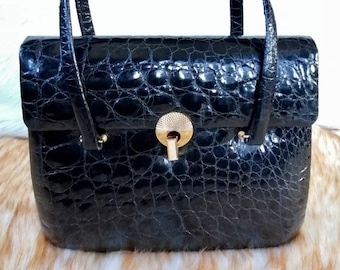 Vintage Alligator Handbag, Genuine Black Alligator Belly Skin, Luxury Vintage genuine Black leather Purse