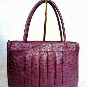 Bolso de cuero genuino de avestruz, bolso vintage, bolso de cuero de vino tinto, bolso de hombro de avestruz