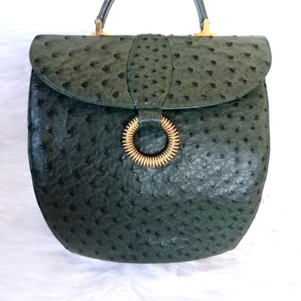 Genuine Ostrich Handbag, Vintage Green Ostrich Handbag, Vintage top handle bag, Genuine Ostrich leather bag