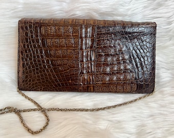Vintage Alligator leather bag, Brown crossbody bag Purse, Genuine Reptile leather evening bag, Vintage clutch, shoulder bag, Envelope clutch